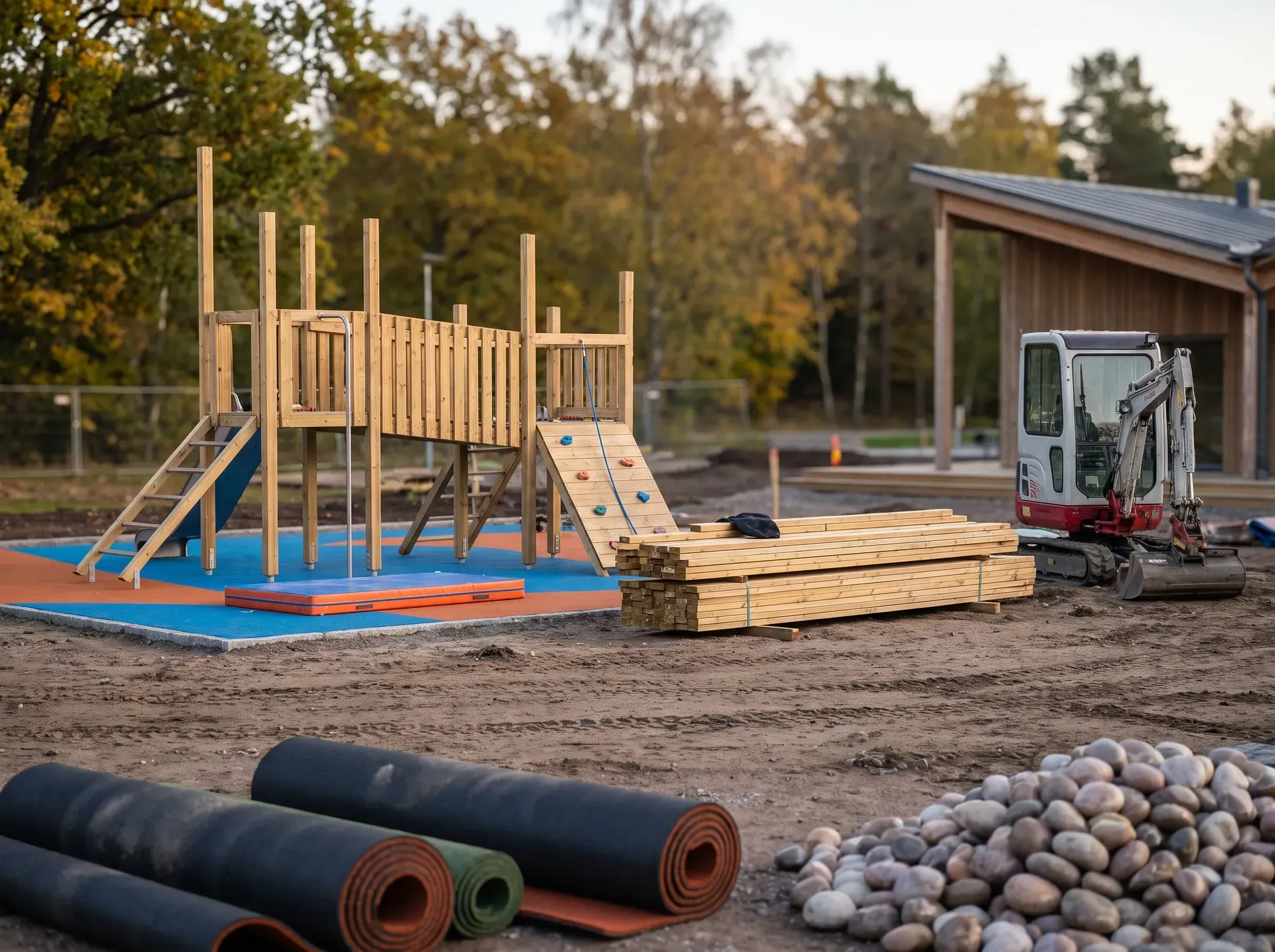 Lekplats under konstruktion med träkonstruktion, byggmaterial och minigrävare.