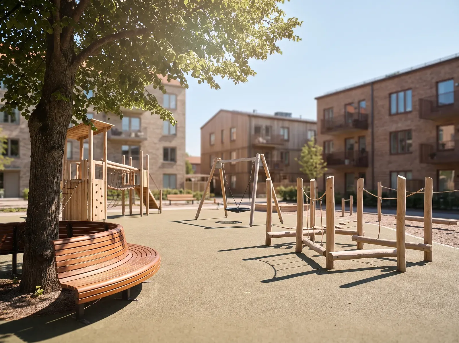 Lekplats med träutrustning och gungor i solig bostadsgård.