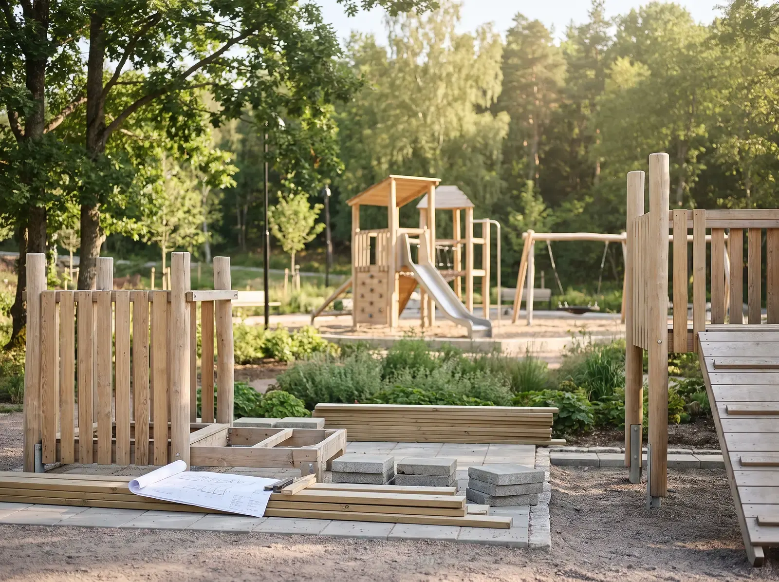 Lekplats under konstruktion med trästrukturer, ritningar och klätterställning i bakgrunden.