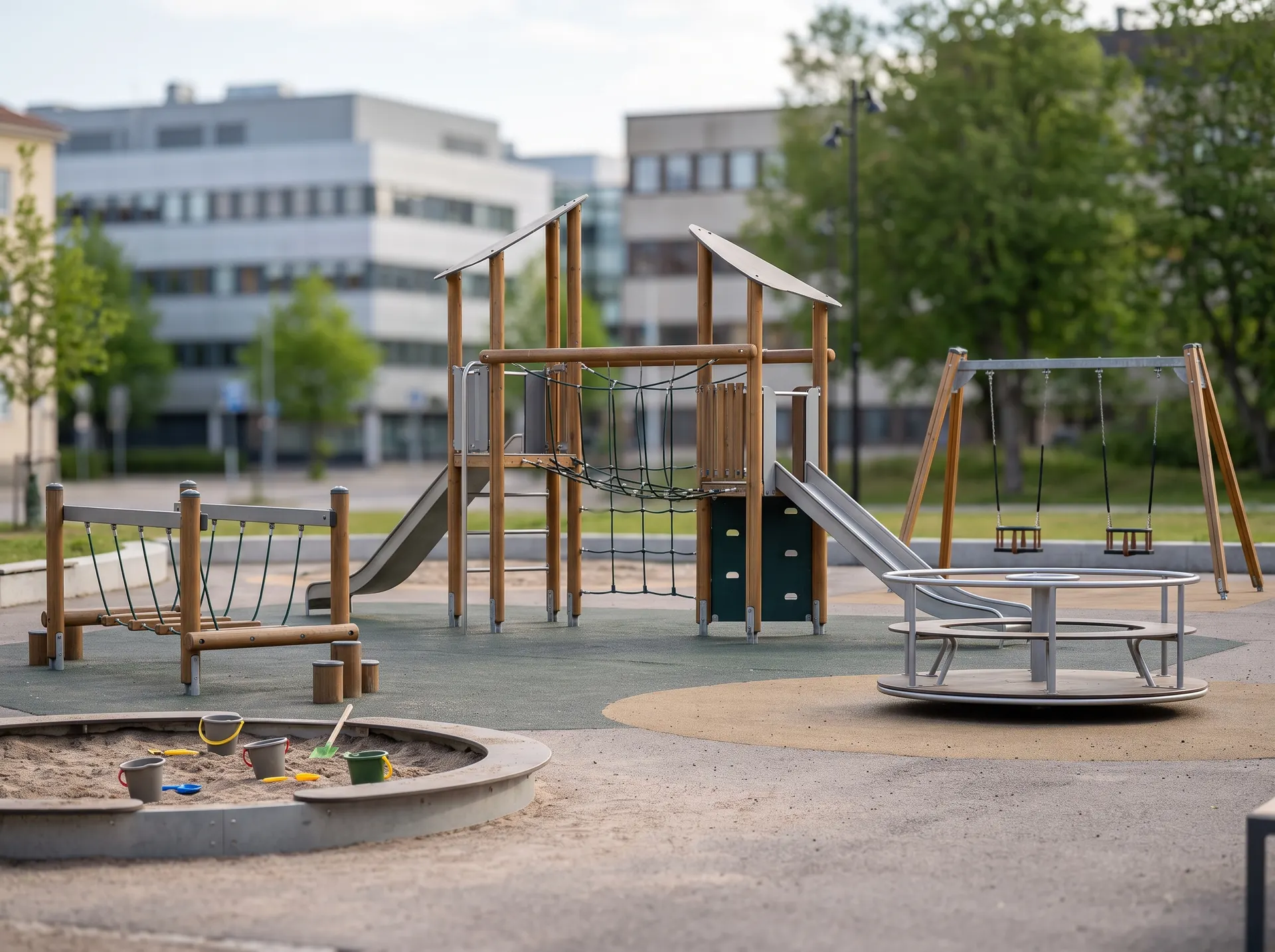 Modern lekplats med rutschkana, sandlåda, gungor och karusell utomhus.