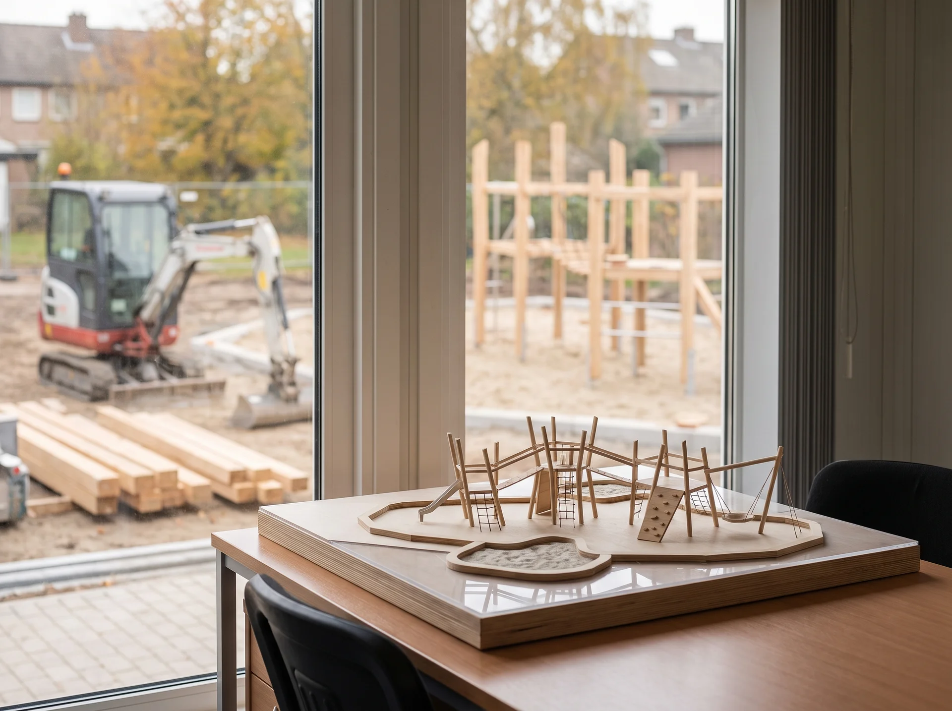 Arkitektonisk modell av lekplats med byggarbetsplats synlig genom fönstret.