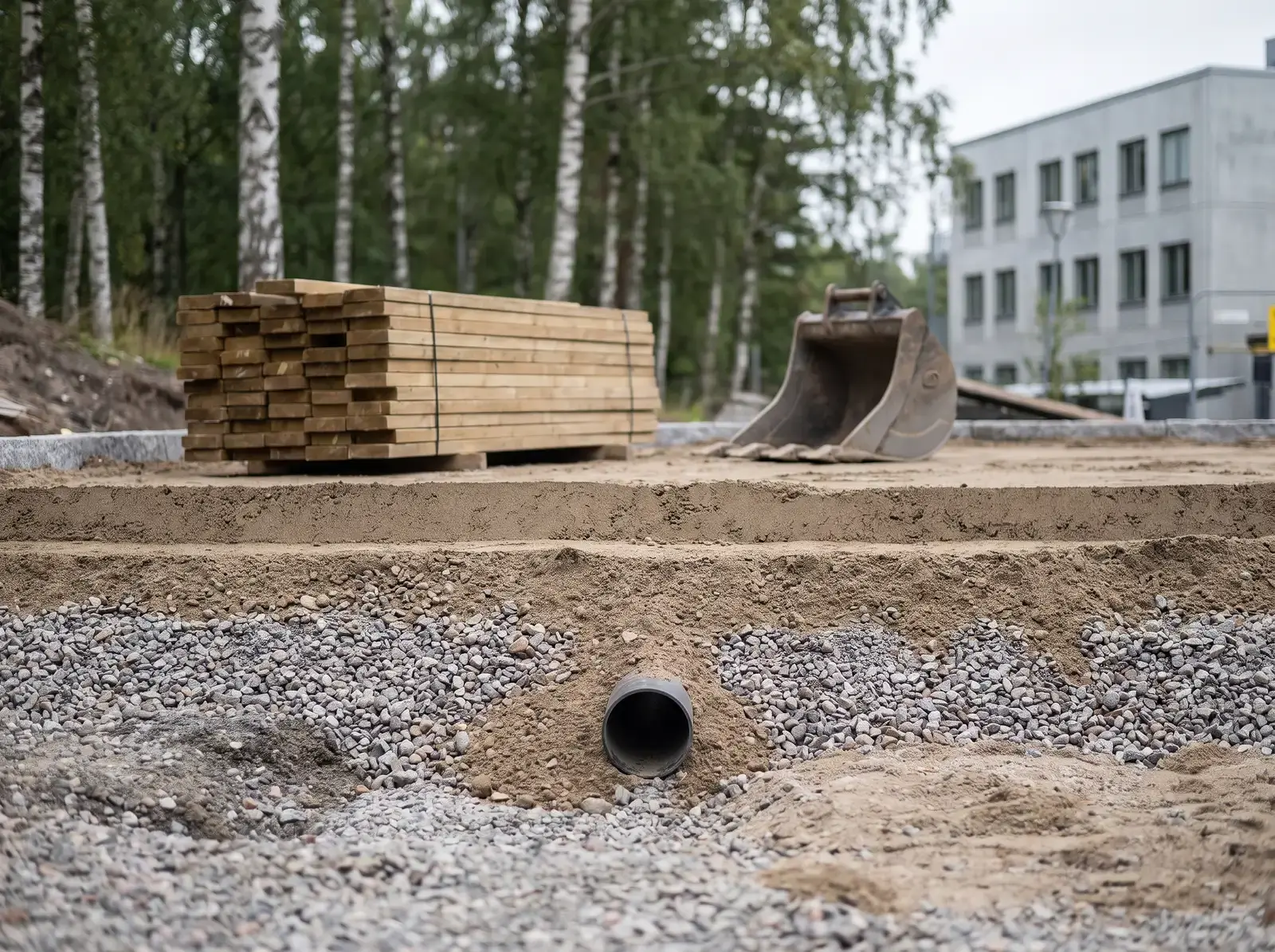 Byggarbetsplats med dräneringsrör, grus, träreglar och grävmaskin.
